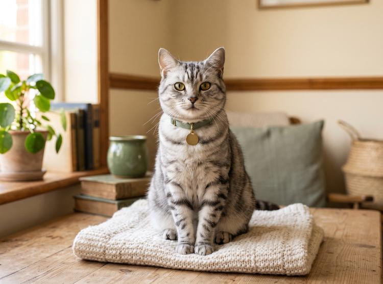 A grey tabby cat sitting calmly on a knitted cushion