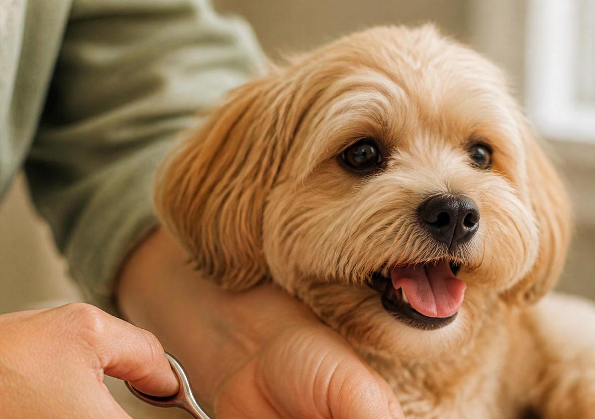 A fluffy golden dog grinning at the camera while a groomer trims the fur around its paw